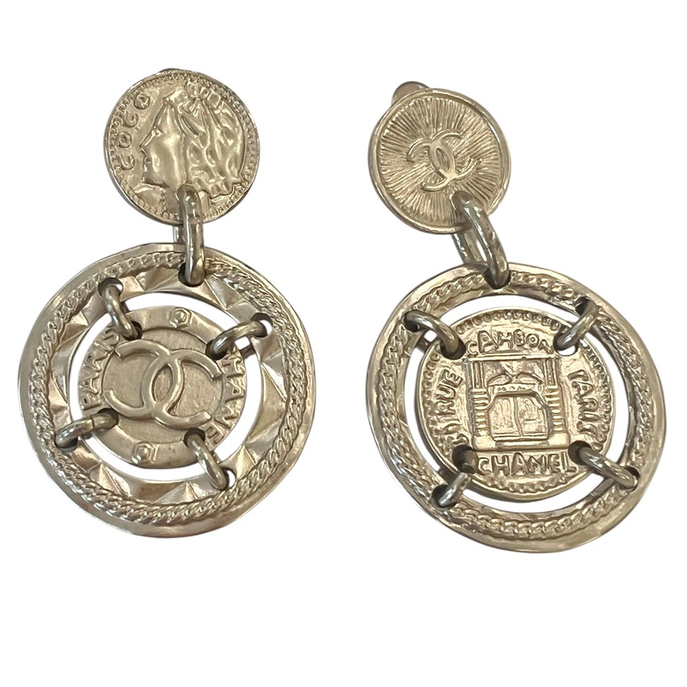 CHANEL Crystal Metal Round CC Medallion Drop Earrings